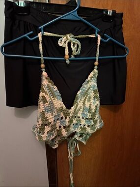 Handmade Crochet Halter Top in Pastel Green & Cream and Black Swim Skirt